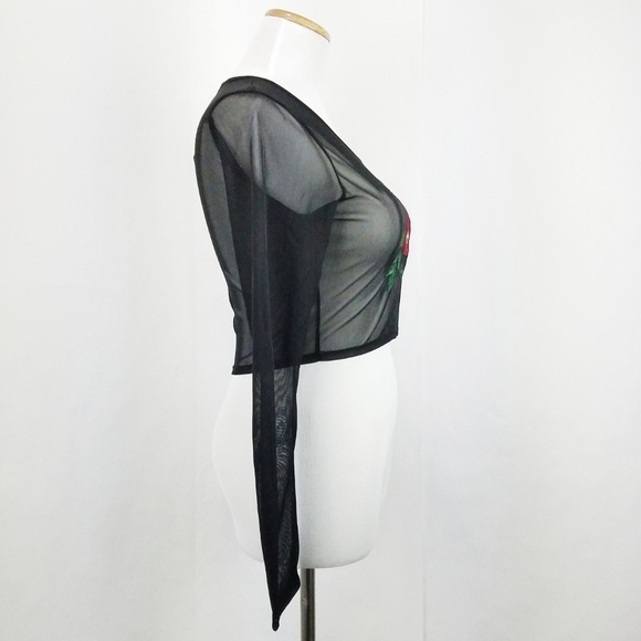 Glam Floral Embroidered Sheer Long Sleeve Crop Top - Picture 3 of 6